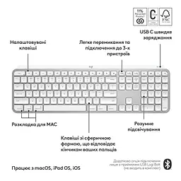 Клавіатура Logitech MX Keys S для MAC Bluetooth/Wireless UA Pale Grey (920-011638) - мініатюра 4