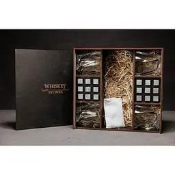 Подарунковий набір Whiskey Stones камені для віскі у дерев'яному пеналі №8 + 4 склянки Bohemia Quadro + щипці + мішечок - мініатюра 2