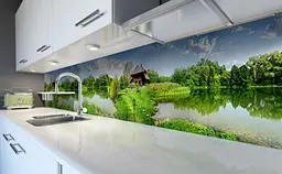 Вініловий кухонний фартух Будиночок на Озері наклейка для кухні дерева річка Природа Зелений Happy Pocket Z181768