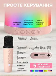 Портативна акумуляторна Bluetooth колонка з LED підсвічуванням TF USB Дитячий караоке та два бездротові мікрофони UKC K52 9657 - мініатюра 10