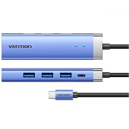 Док-станція USB3.1 Type-C --> HDMI/USB 3.0x3/PD 100W Синій Aluminum Alloy Hub 5-in-1 Vention - мініатюра 2