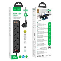 Мережевий продовжувач Hoco NS1 Aura 4-bit (4 х розетки 3 х USB) чорний - мініатюра 4