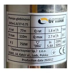 Насос свердловинний з підв, стійк, до піску 3" OPTIMA 3SDm1,8/27 0,75 кВт 115м +пульт+кабель 1,5мNEW - мініатюра 2