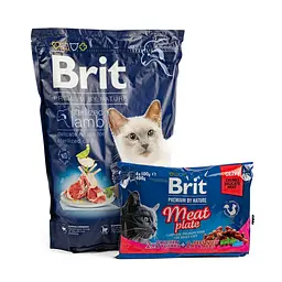 НАБІР Корм ​​сухий Brit Premium Sterilized Lamb д/стерилізованих котів ягня 1,5 кг + 4 паучі М'ясна тарілка