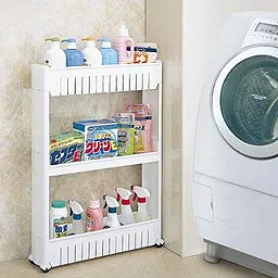 Полиця для ванної підлогова на колесах 3 яруси, 54×13×72 см, пластикова біла - мініатюра 3