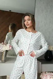 Пижама женская с вишнями комплект кофта и штаны хлопковая Белая S - миниатюра 7