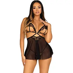 Сорочка бебі-дол з відкритими чашками Leg Avenue Lace and mesh Babydoll & panty Black S, стрінги