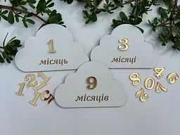 Дерев’яні картки для фотосесії малюка 1–12 місяців зі змінними дзеркальними цифрами у вигляді хмаринки 3 шт  8*13 см