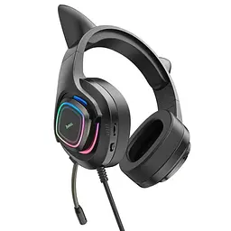 Ігрові дротові навушники Hoco W107 Cute Cat Ear, USB, 3.5mm, 2m, Black-Pink - мініатюра 5