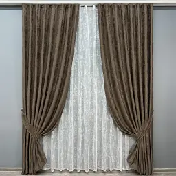 Комплект штор с тюлем VR-Textil Жаккард Мрамор, коричневый с белым, 2 шторы 100×270 см + тюль 300×270 см, арт. 71-190/1