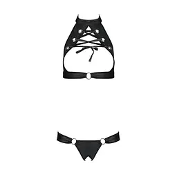 Комплект, відкритий топ та трусики з екошкіри з люверсами Passion MALWIA SET with Open Bra S/M black - мініатюра 3