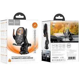 Автотримач з БЗП Hoco HW34 Blue whale 3-axis linkage wireless 15W (center console) Black - мініатюра 2