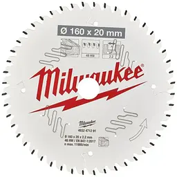 Диск пиляльний по дереву PFTE MILWAUKEE, діаметр 160х20х2,2мм, 48 зуб.