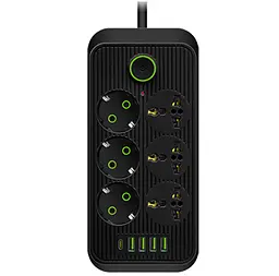 Сетевой фильтр-удлинитель Voltronic F06U, 6 розеток EU+4xUSB+1PD, 2м, 3х0,75мм, 2500W, Black