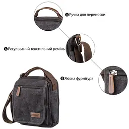 Універсальна текстильна чоловіча сумка на два відділення 20199 Vintage чорна - мініатюра 7