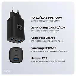 Зарядний пристрій мережевий MAKE 65W GaN3 2xType-C PD3.0 + USB QC4.0 Black - мініатюра 3