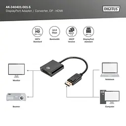 Перехідник Digitus DP 1.1 - DVI Full HD, M/F, 0.15 m (AK-340401-001-S) - мініатюра 6