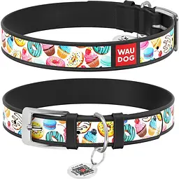 Нашийник для собак Waudog Design Пончики, шкіряний, з QR паспортом, 38-49х2, 5 см, чорний - мініатюра 3