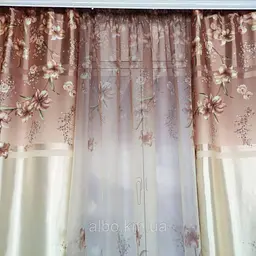 Атласні штори з квітами коричневого кольору 150х270 з тюлистом батистовим 400х270 на тасьме ALBO pbe0052700 - мініатюра 4