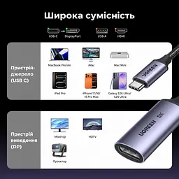 Відеоадаптер UGREEN CM654 USB-C - DisplayPort 8K 60 Гц 0,1 м космічний сірий (15575) - мініатюра 3