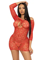 Сукня-сітка з сердечками Leg Avenue Heart net mini dress Red, зав’язки, відкриті плечі, one size - мініатюра 3