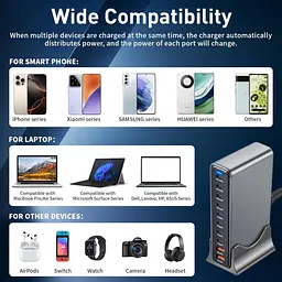Зарядна станція ILEPO 800W багатопортова на 2 USB + 8 Type-C / мережевий мультизарядний пристрій Black (19022) - мініатюра 8