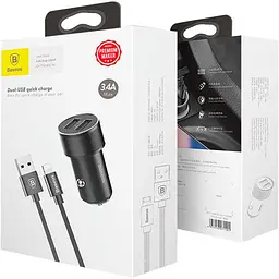 Автомобільний зарядний пристрій Baseus Small Screw with Lightning Cable 2USB 3.4A TZXLD-A01 Black - мініатюра 6