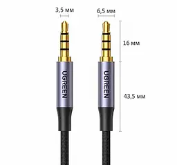 Аудіокабель UGREEN AV183 2 м AUX mini-jack зі штекерами 3,5 мм TRRS з обох кінців для передачі стереозвуку та сигналу мікрофона для мікрофона потрібні TRRS-гнізда з узгодженим розведенням контактів вузькі корпуси штекерів для підключення крізь тонкий чохол подвійне екранування нейлонове обплетення чорний із синьо-сірими корпусами штекерів та золотистими контактами (20782) - мініатюра 2