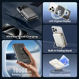 Універсальна мобільна батарея Vention Magnetic Wireless 10000mAh 20W PD USB-C In/Out, QI-15W Чорний - мініатюра 6