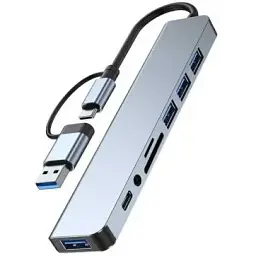 Концентратор Dynamode USB-C/A 8-in-1 1xUSB-C + 1xUSB 3.0 + 3xUSB 2.0 + 3.5mm audio + SD/TF silver (BYL-2218TU)