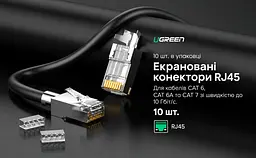Екрановані мережеві конектори UGREEN NW123 10 шт. із 10 напрямними вставками для жил Ø0,56–0,60 мм з ізоляцією Ø1,10–1,50 мм штекери RJ45 8P8C Cat 6A до 10 Гбіт/с потрібен обтискний інструмент для екранованих штекерів RJ45 для однодротяних і багатодротяних провідників із заднім затискачем кабелю із позолоченими контактами сріблясті з прозорими елементами та золотистими контактами (70316) - мініатюра 3