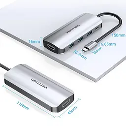 Док-станція USB3.1 Type-C --> HDMI/USB 3.0х3//PD 100W 5-in-1 Vention - мініатюра 4