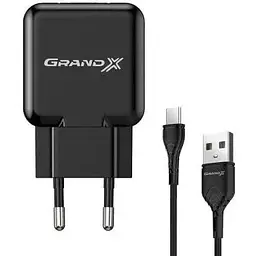 Зарядний пристрій Grand-X USB 5V 2.1A + cable USB to USB-C black (CH-03T)