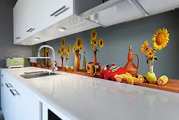 Вініловий кухонний фартух Соняшники в глечиках наклейка ПВХ Квіти Блакитний 60х200 см Happy Pocket Z180409