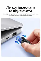 Мережевий патч-корд Ethernet Vention 1 м LAN-кабель з двома роз'ємами RJ45 8P8C Cat6A UTP 10 Гбіт/с з гнучкими фіксаторами для зручного підключення й від'єднання з рельєфною ПВХ-оболонкою для кращого зчеплення у чорному виконанні з чорними корпусами роз'ємів і напівпрозорими синіми корпусами штекерів (ISCBF) - мініатюра 4