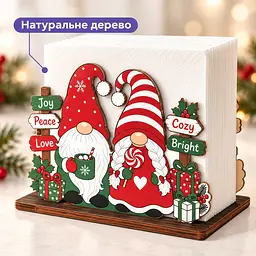 Тримач для серветок дерев'яний - різдвяні гноми-пара - святковий декор столу - мініатюра 3