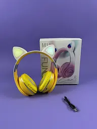 Навушники жовті, золоті Bluetooth з вушками котика C64092, з підсвіткою, мікрофоном, картою пам'яті та AUX, 400 mAh