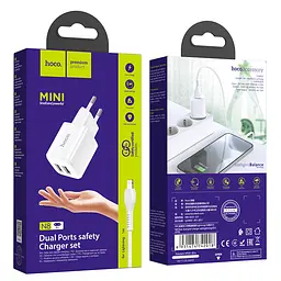 Адаптер мережевий HOCO Lightning Cable Briar dual port charger set N8 2 порти USB 2.4A білий - мініатюра 8