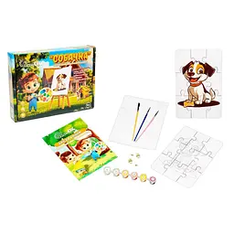 Деревʼяний пазл-розмальовка А5 "Собачка" PuzzleOK Puz-22940 пензлик, фарби, клейка плівка - мініатюра 2