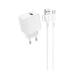 Мережевий зарядний пристрій Borofone BAS11A Erudite single port 1USB/2.1A+ Cable Type-C білий