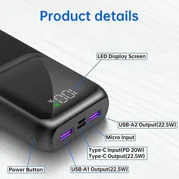 Портативний зарядний пристрій 10000 mAh-20000 mAh 22,5 Вт PD & QC 3.0 швидка зарядка 3 виходи 2 входи - мініатюра 6