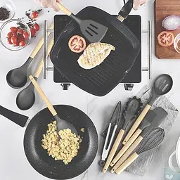 Кухонний набір Silikone Kitchen Set чорний з силікону з бамбуковою ручкою з 12 предметів - мініатюра 8