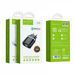 Мережевий зарядний пристрій 1 USB Hoco C12Q Smart QC 3.0 3A Black - мініатюра 3