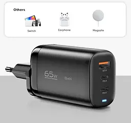 Блок зарядний мережевий адаптер Essager Shining 65W 3 порти 2 Type-c + USB-A чорний - мініатюра 5