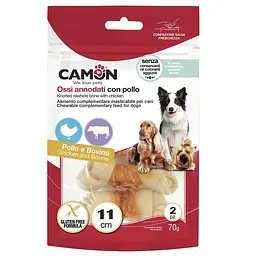 Ласощі Camon для собак, кістка вузлова з яловичої шкіри, обмотана куркою, 11см