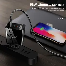 Зарядний пристрій XON PowerCharge 58W (PD20) USB Type-C (PCWA058020A1С2B 6068) Чорний - мініатюра 7