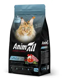 Сухий корм AnimAll Повнораційний для котів з лососем, білою рибою та свіжою індичкою, 1.5 кг