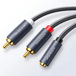 Аудиокабель-переходник UGREEN AV102 Длина 1 м RCA-тюльпаны Гнездо 3,5 мм на 2 штекера RCA Передача стереозвука на аудиовход RCA Для подключения нужны источник со стереовыходом 3,5 мм и отдельный AUX-кабель со штекерами 3,5 мм на обоих концах Многоуровневое экранирование Позолоченные разъёмы Серый (10588)