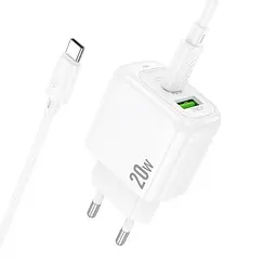 МЗП Hoco CS54A Surplus PD20W+QC3.0 (1USB-A/1C) + кабель Type-C to Type-C White - мініатюра 5