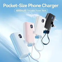 Універсальна мобільна батарея Vention 4800mAh 22,5W PD, USB-C In/Out, LED display, with built-in Lightning cable Чорний - мініатюра 2